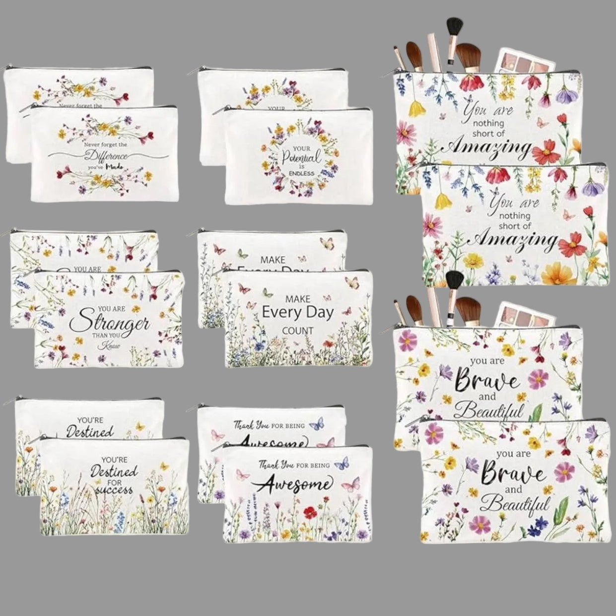 Inspirational themed cosmetic bags